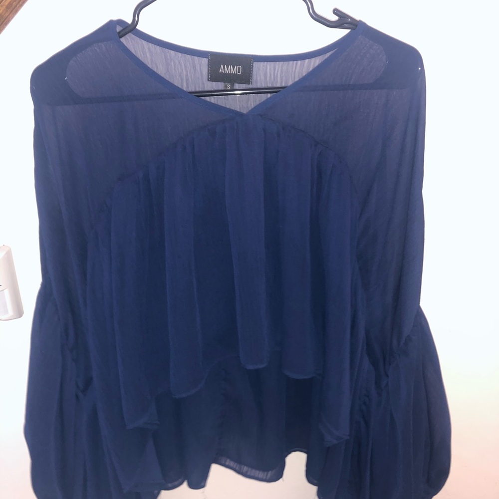 AMMO blue sheer flared crop top blouse